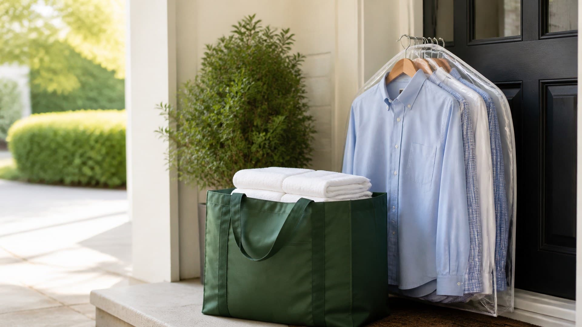 Freshly cleaned shirts and folded linens staged for Ivy Cleaners doorstep pickup