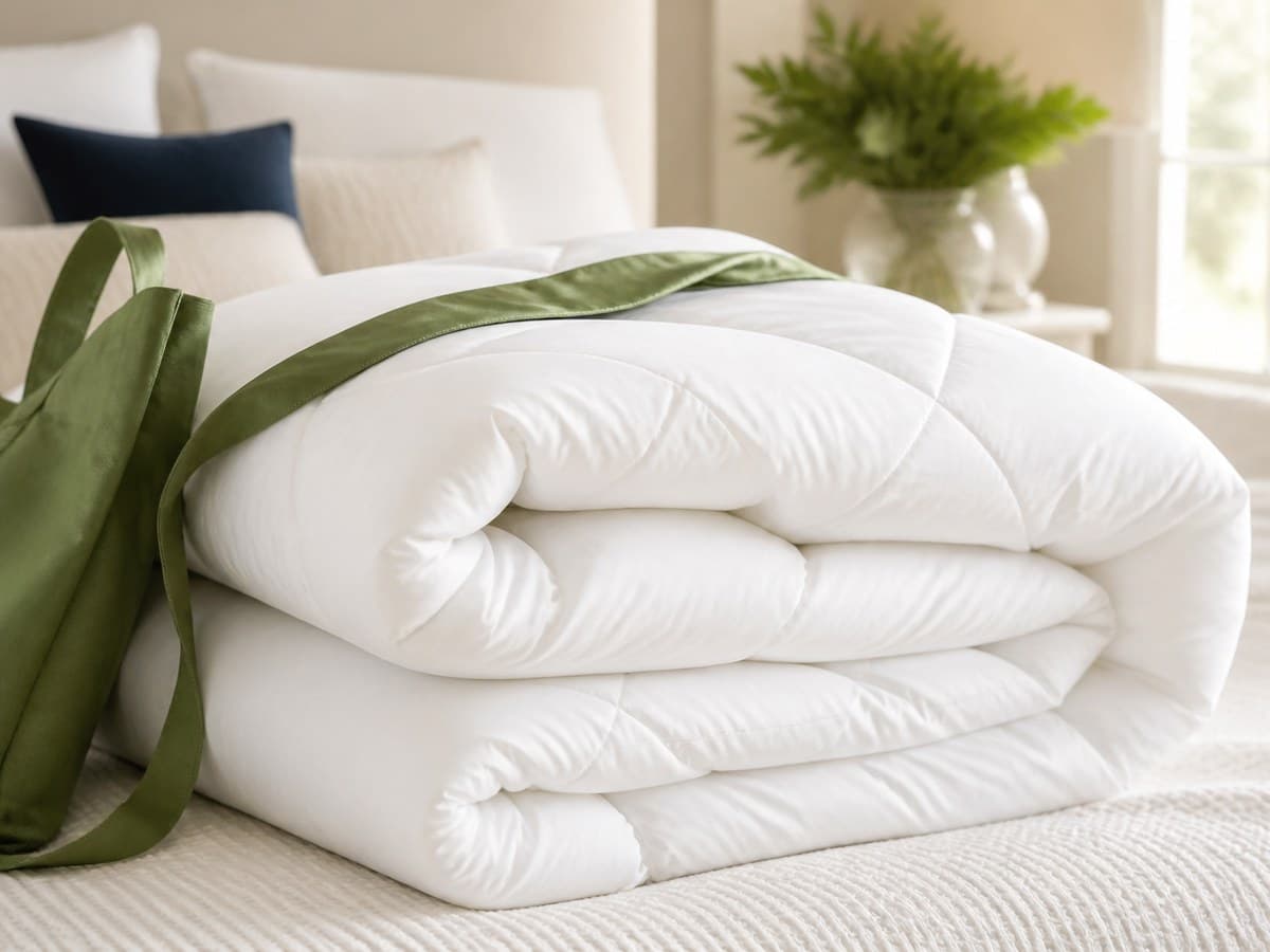 Fluffy down comforter freshly cleaned and folded on a made bed