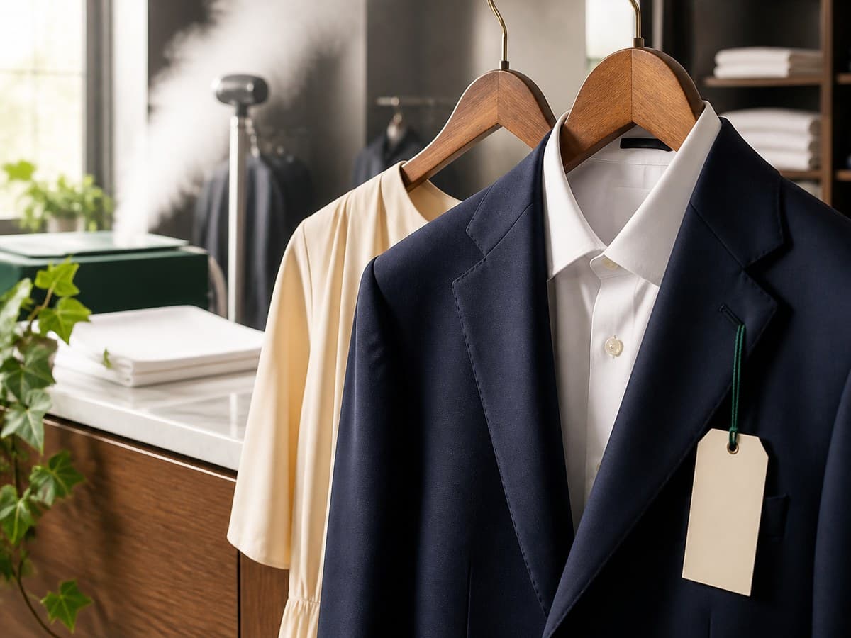 Freshly pressed suits and dresses on hangers, wrapped in clear garment protectors