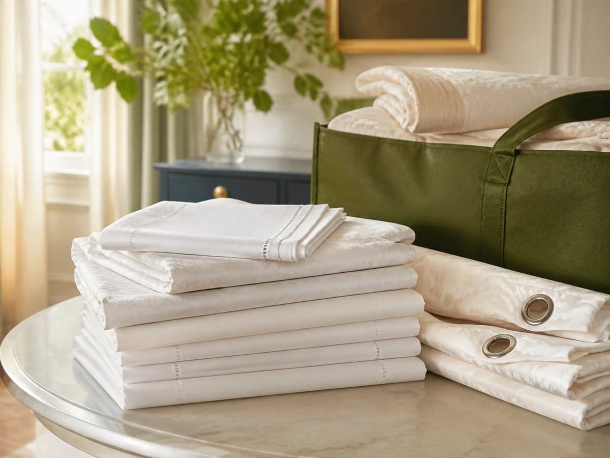 Crisp white household linens and curtains styled in a bright home interior