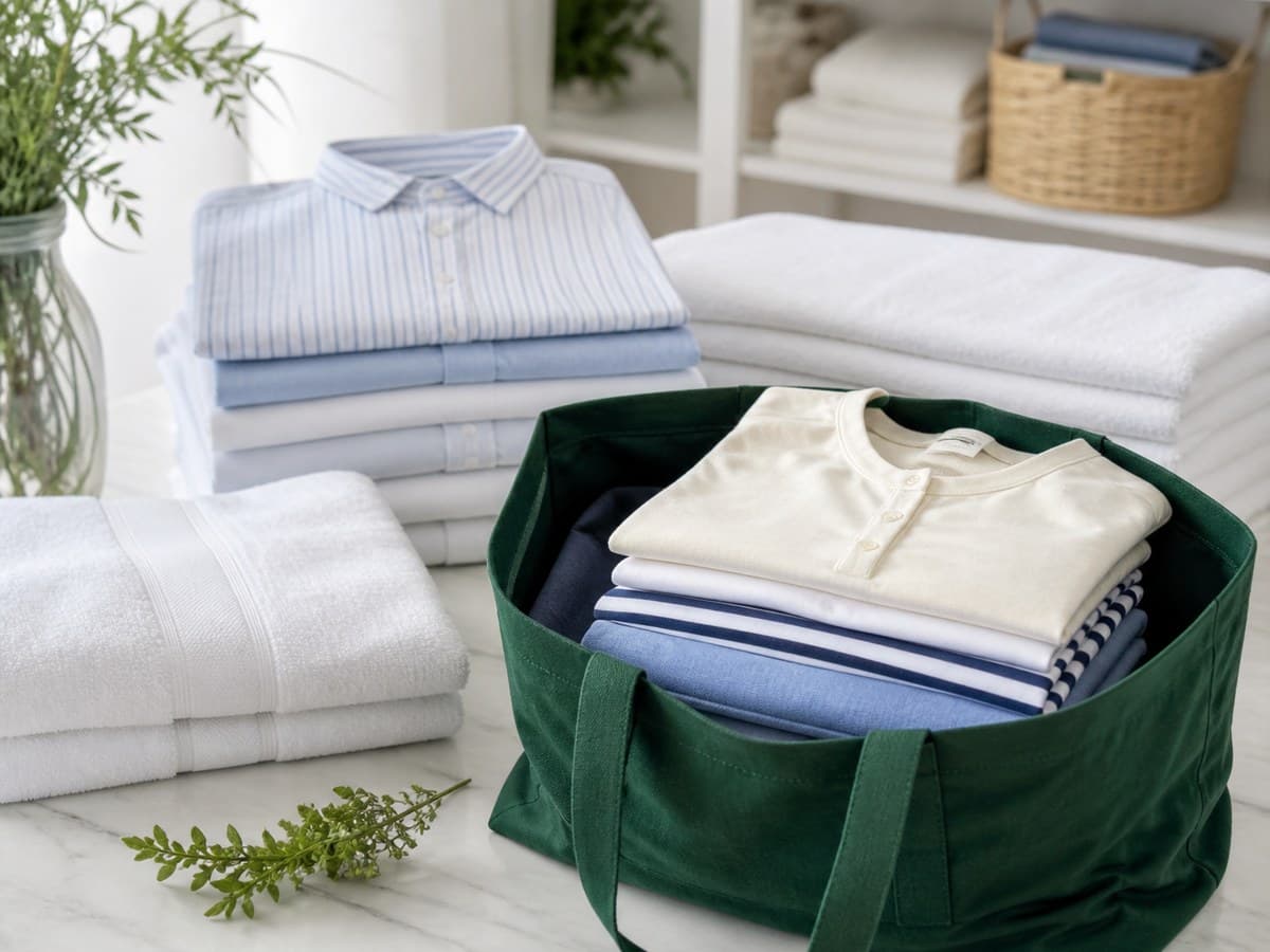 Neatly folded stacks of everyday laundry in soft, natural light